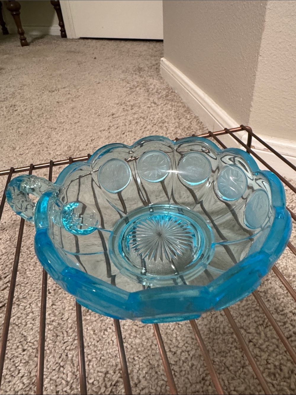 Vintage Fostoria Handled Candy Dish with Coin Dot Medallion